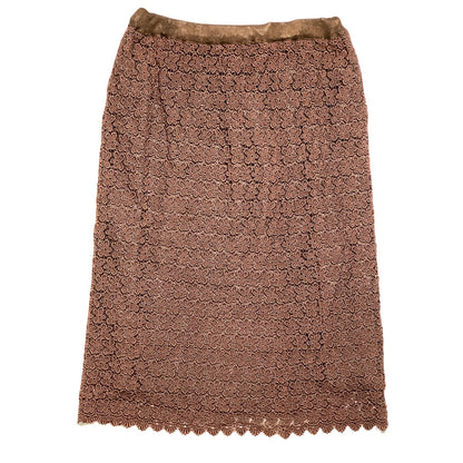 Brown Floral Lace Midi Skirt Women’s — Lined, Drawstring Waist, Elegant