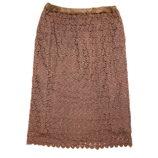 Brown Floral Lace Midi Skirt Women’s — Lined, Drawstring Waist, Elegant