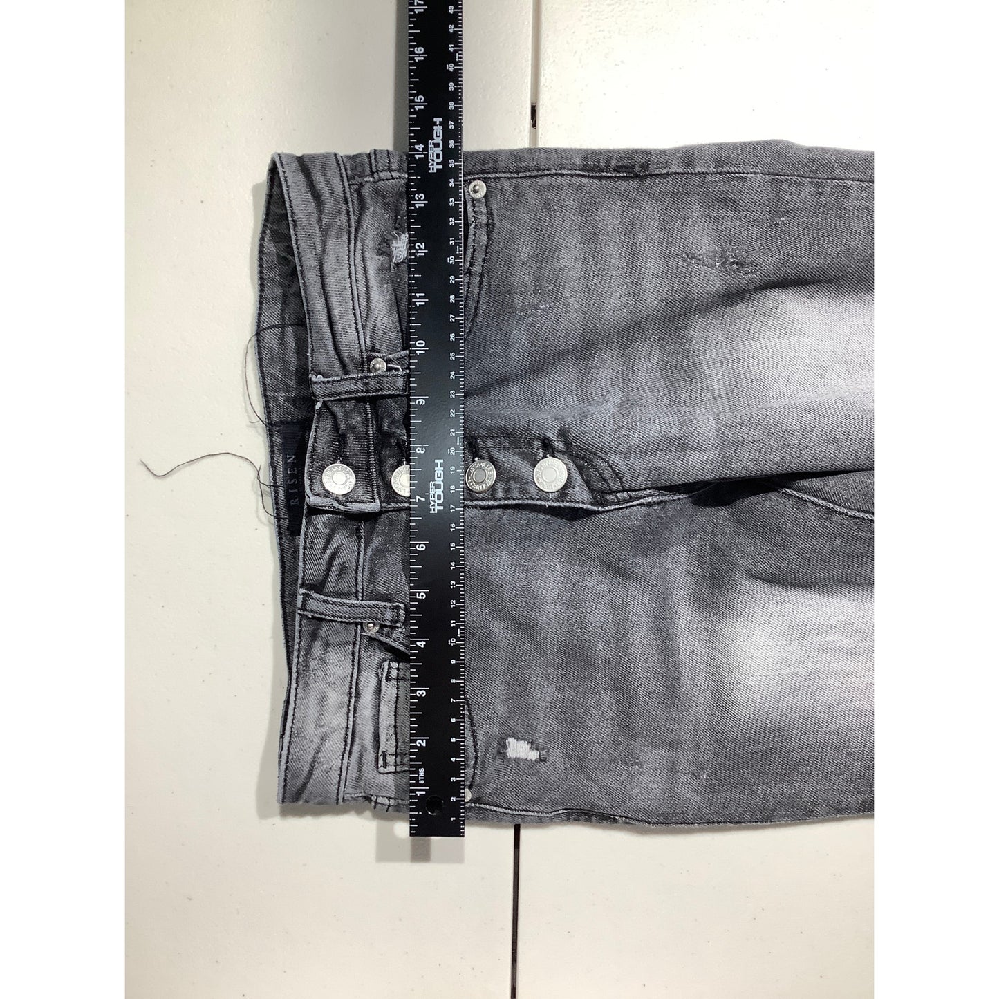 Risen Dark Gray Distressed Flare Jeans Women 26/3 — High Rise, Raw Hem, Y2K