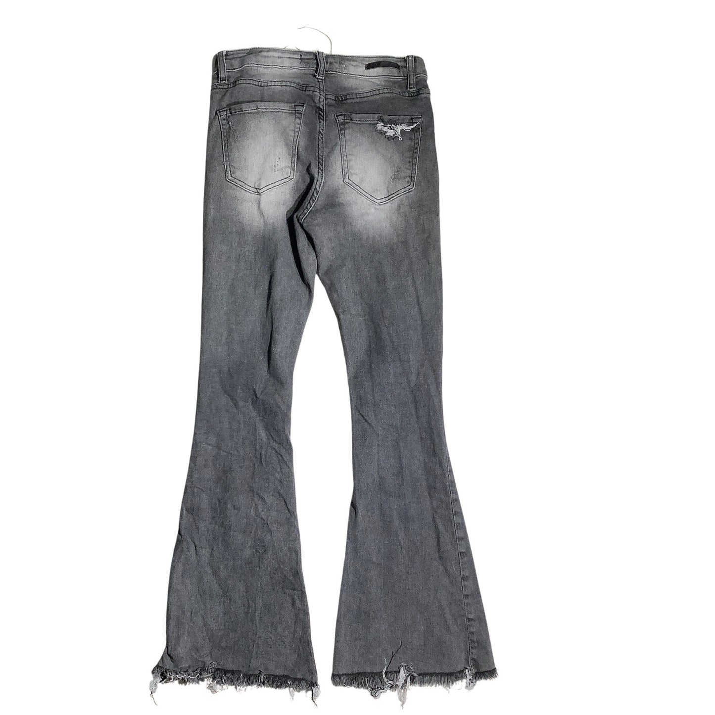 Risen Dark Gray Distressed Flare Jeans Women 26/3 — High Rise, Raw Hem, Y2K
