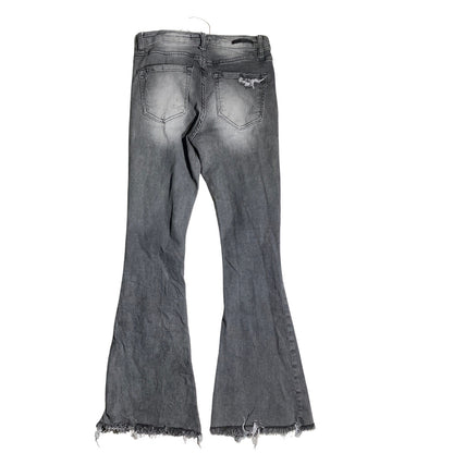 Risen Dark Gray Distressed Flare Jeans Women 26/3 — High Rise, Raw Hem, Y2K