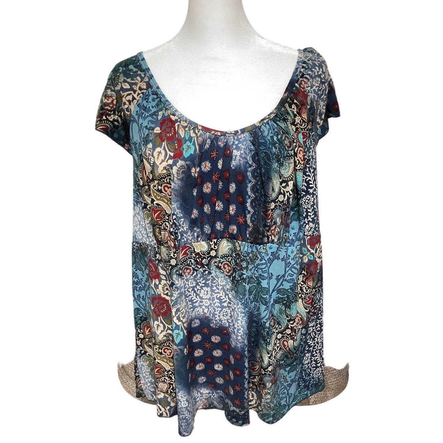 Venezia Blue/White Floral Patchwork Short Sleeve Top 22/24 Boho Casual Vacation