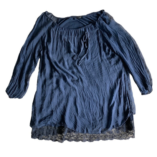 H Trend Made in Italy 100% Silk Crinkle Top with Balloon Sleeve Navy Cottagecore