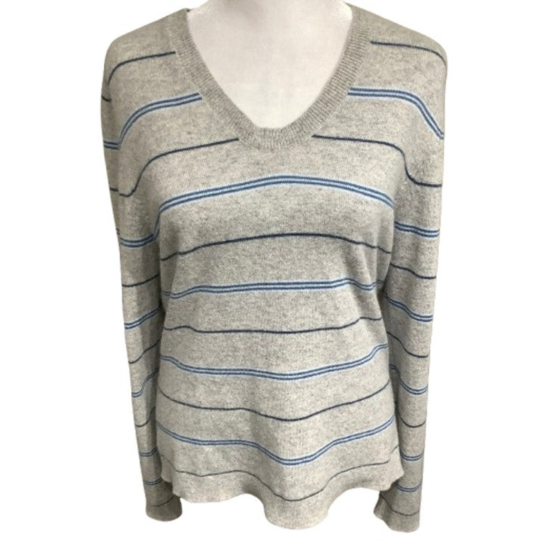 100% Cashmere Grey Sweater, Blue & White Stripes Cozy Minimalist