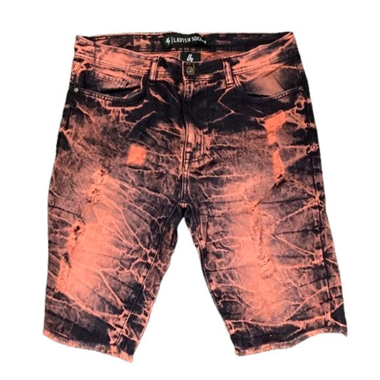 Lavish Society Black & Coral Acid Wash Denim Shorts 36 - Edgy, Y2K, Streetwear