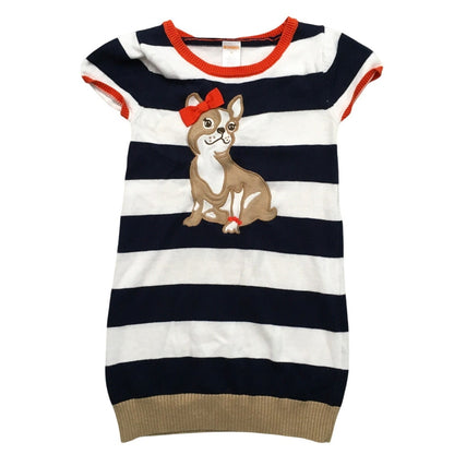 Gymboree Child Size 6 Blue White Striped Dog Dress - Preppy, Cute, Playful