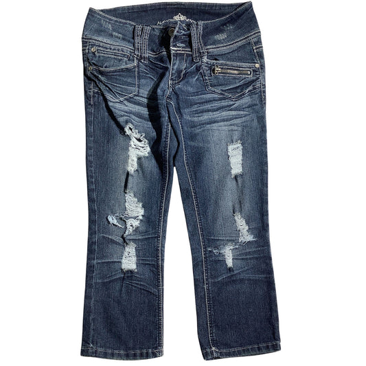 Almost Famous Distressed Denim Capris Kids – Capri, Distressed, Embellished