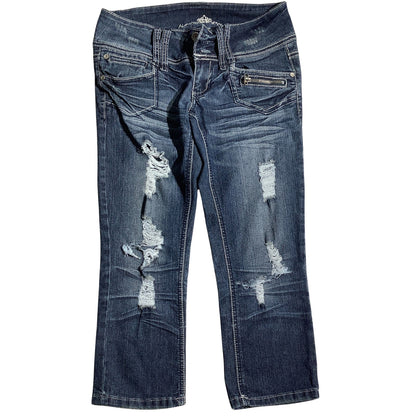 Almost Famous Distressed Denim Capris Kids – Capri, Distressed, Embellished