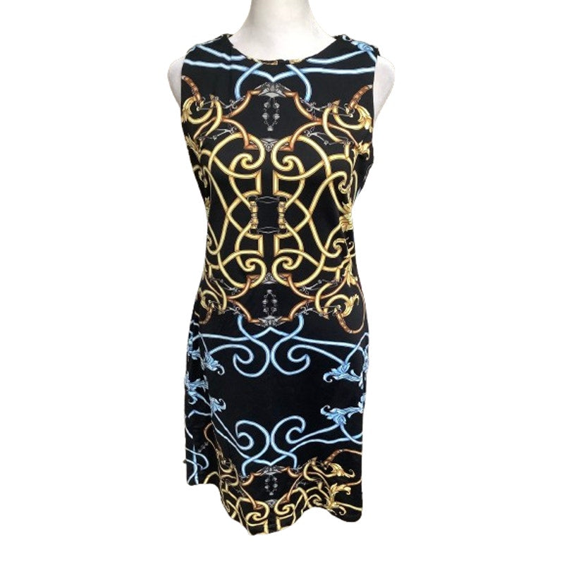 J.McLaughlin XS Black Gold Light Blue Calf Length Dress Old Money Classic Preppy