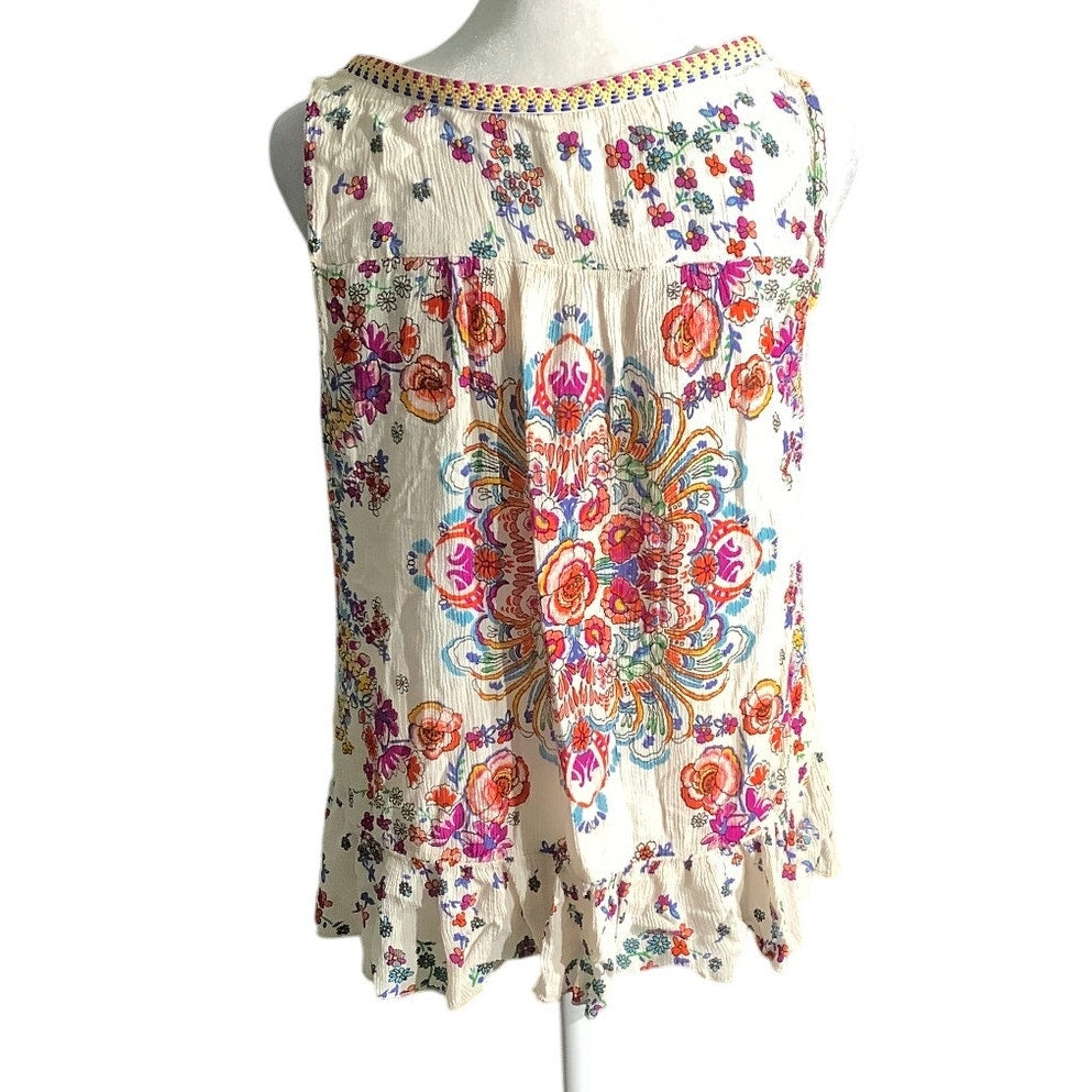 Bila Ivory Boho Peplum Tank Top Women’s Small — Floral, Embroidered, Festival