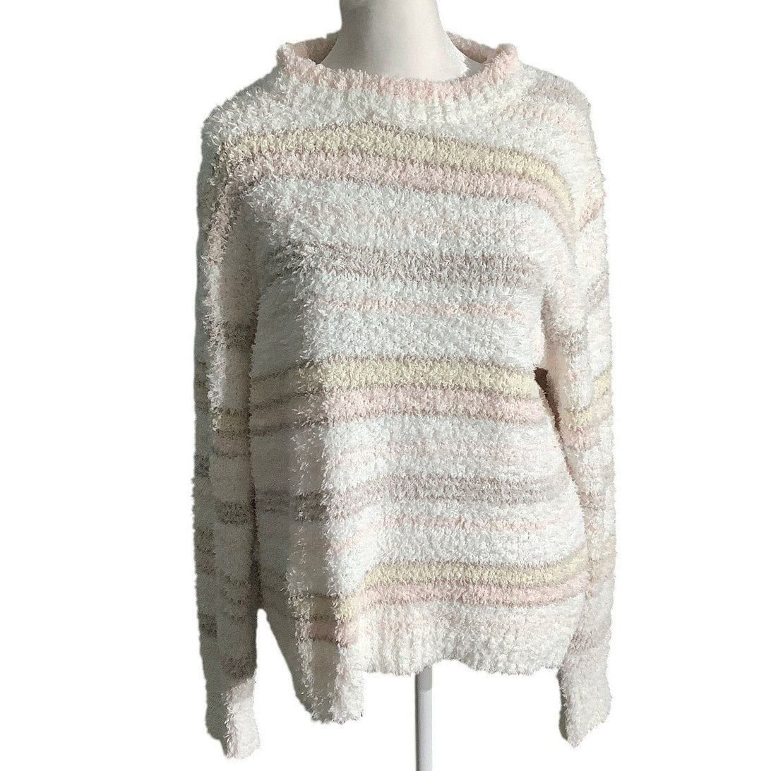 POL White Pink Tan Fuzzy Striped Sweater Women S/M — Soft, Cozy, Lightweight