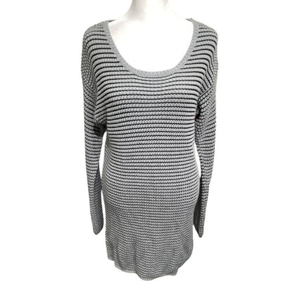 Ellos Grey and Black Striped Sweater Dress, Size 12S - Cozy, Casual, Minimalist