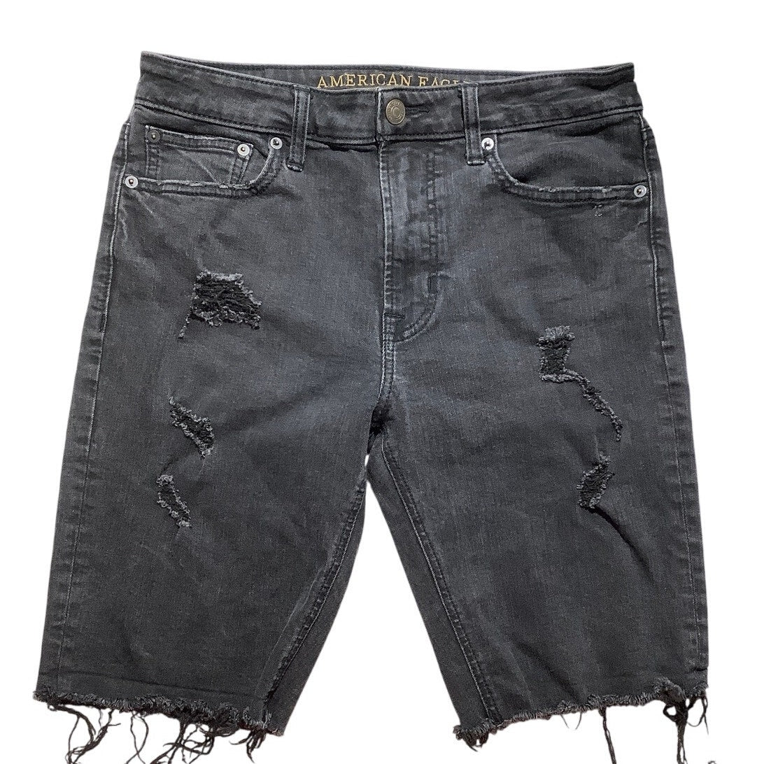 American Eagle Black Denim Shorts Men’s 32 –Distressed, Frayed Hem, Extreme Flex
