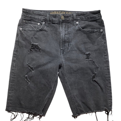 American Eagle Black Denim Shorts Men’s 32 –Distressed, Frayed Hem, Extreme Flex