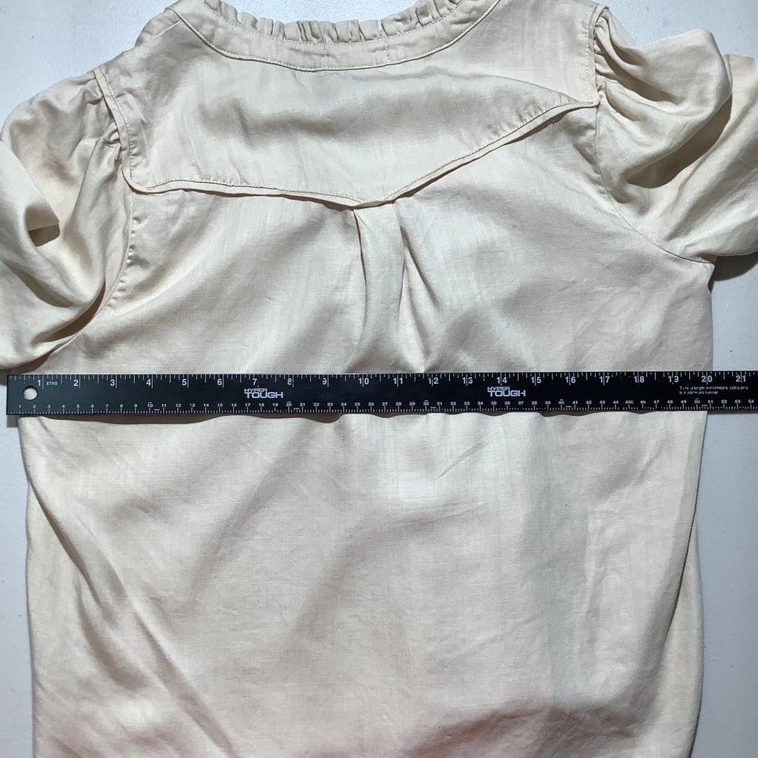 Democracy Women's Petite M Beige Crochet Trim Ruffle V Neck Button Shirt