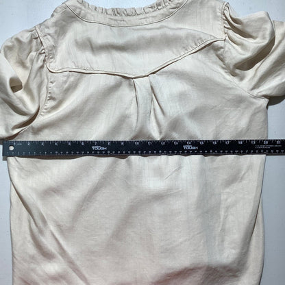 Democracy Women's Petite M Beige Crochet Trim Ruffle V Neck Button Shirt