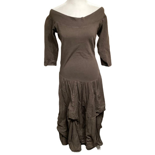 TunaTuz Brown Off-Shoulder Long Dress with Pinned Hem M Boho Cottagecore Unique