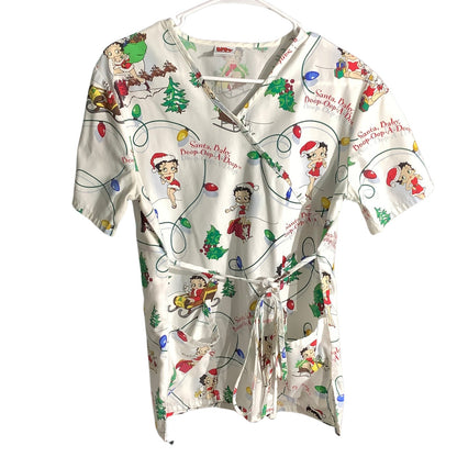 Betty Boop Christmas Scrub Top White Women’s Size XS — Holiday, Nursing, Cute