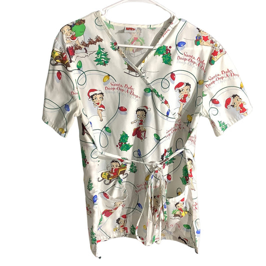 Betty Boop Christmas Scrub Top White Women’s Size XS — Holiday, Nursing, Cute