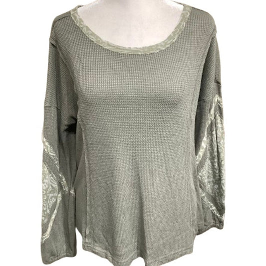 KORI America Green Patchwork Thermal Long Sleeve Shirt Small Boho, Casual, Cozy