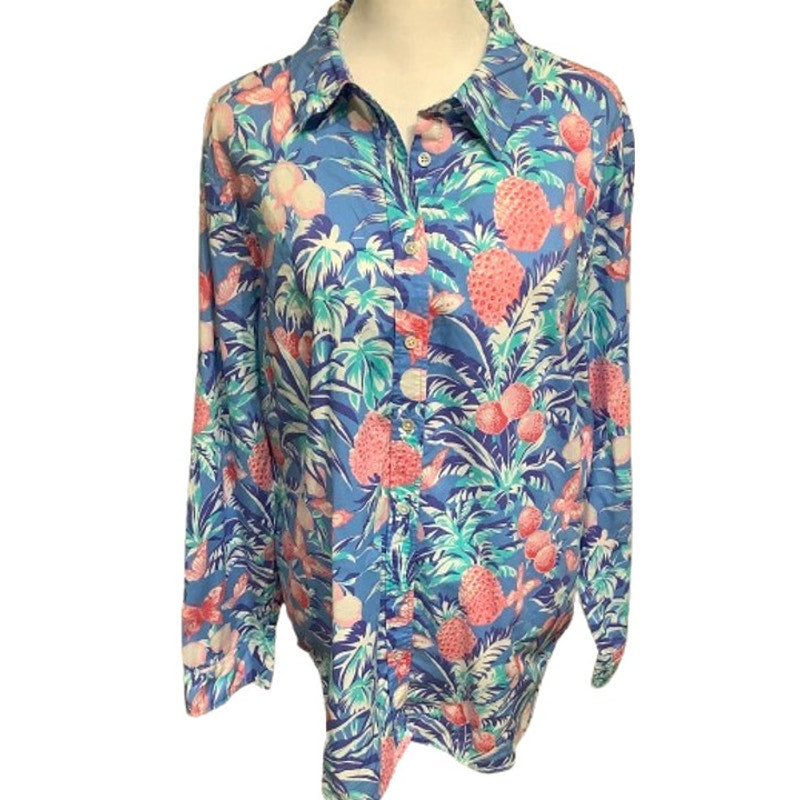 Talbots XL Button-Up Pineapple Print Shirt - Tropical, Casual, Vibrant