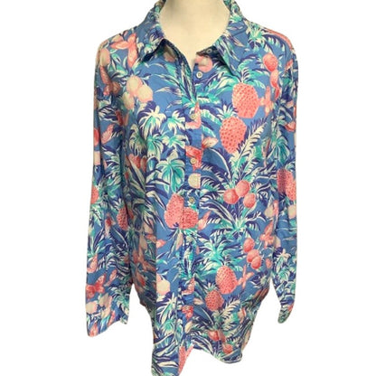 Talbots XL Button-Up Pineapple Print Shirt - Tropical, Casual, Vibrant