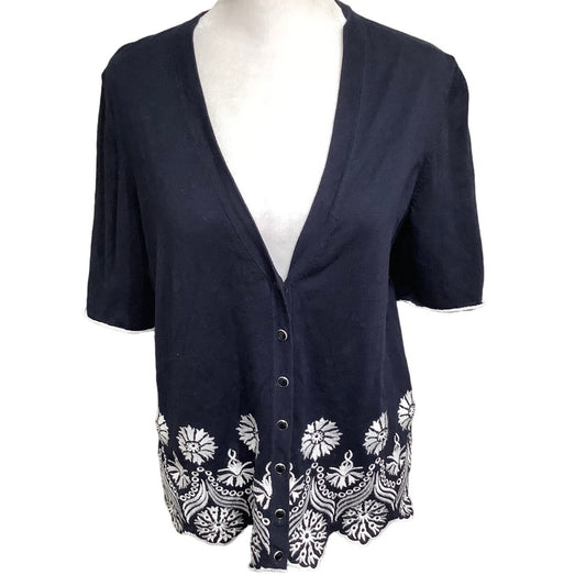 Talbots Navy Blue Cardigan Sweater M Preppy Lightweight Floral Embroidery