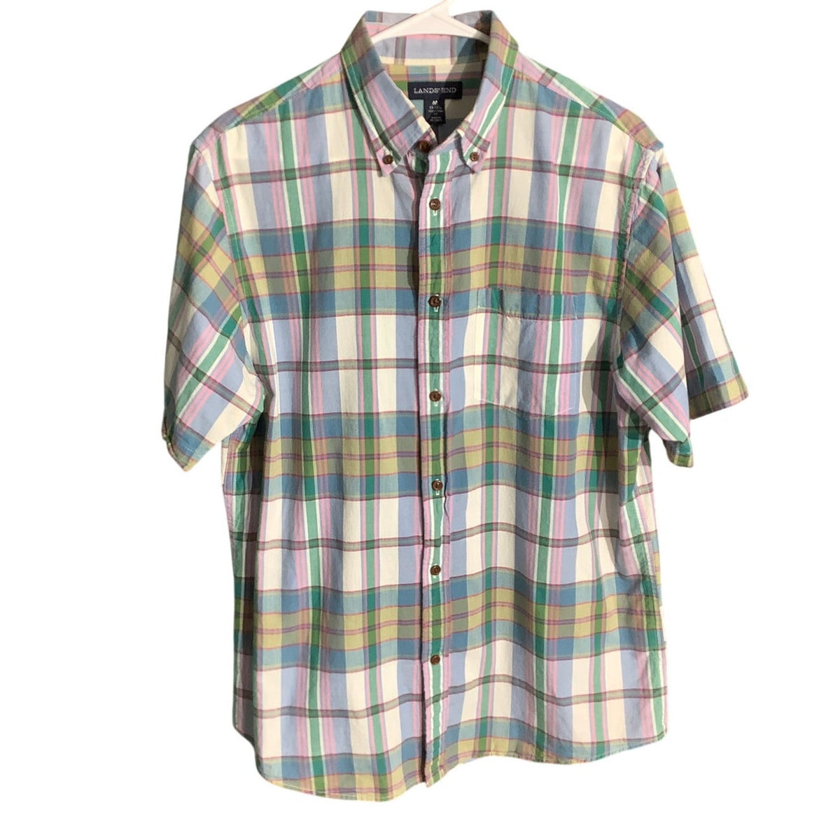 Lands' End Men's M Multicolor Pastel 100% Cotton Short Sleeve Button Down