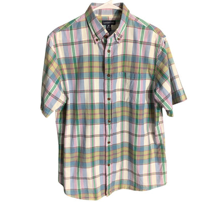 Lands' End Men's M Multicolor Pastel 100% Cotton Short Sleeve Button Down