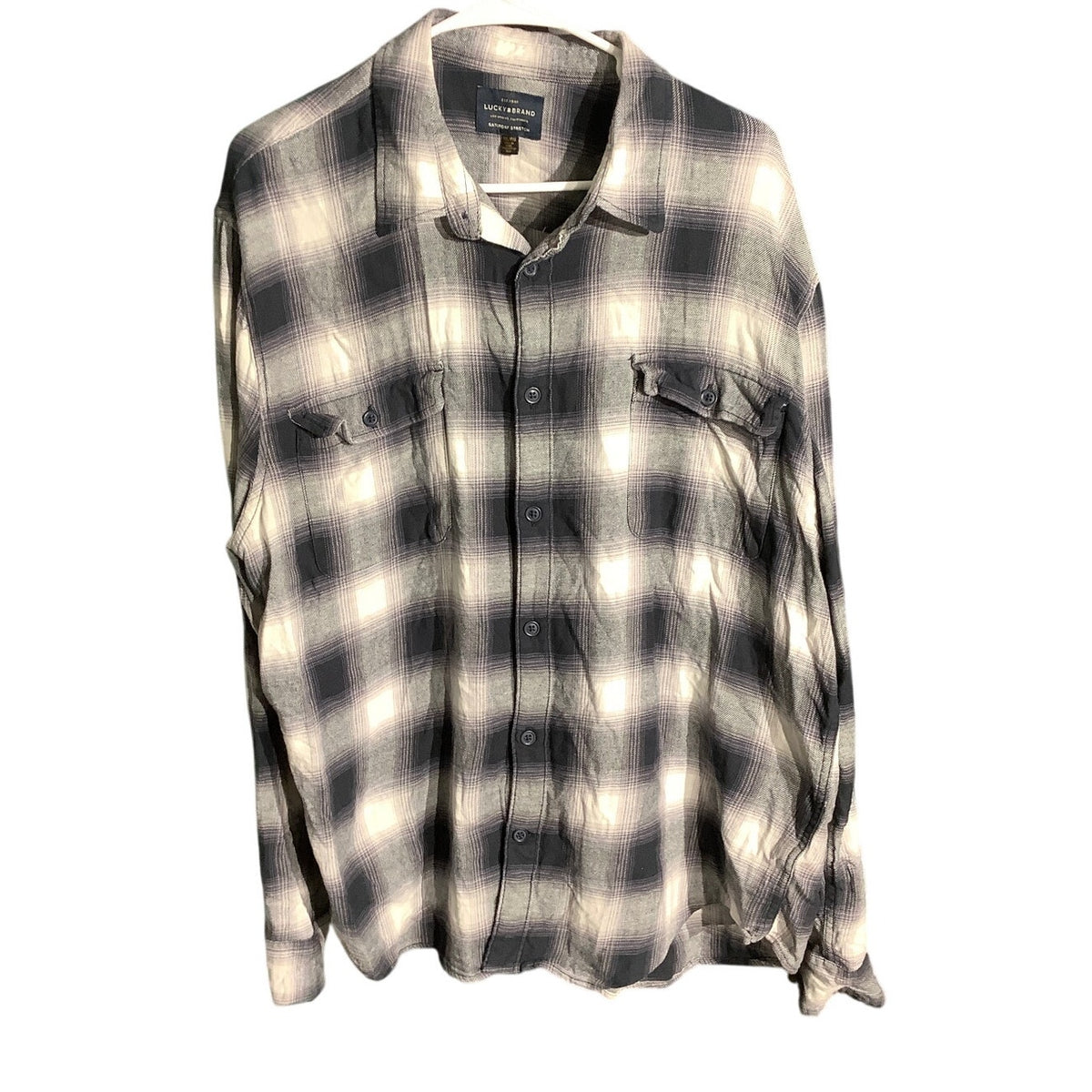 Lucky Brand Men's XXL Navy Purple White Plaid Stretch Button Down