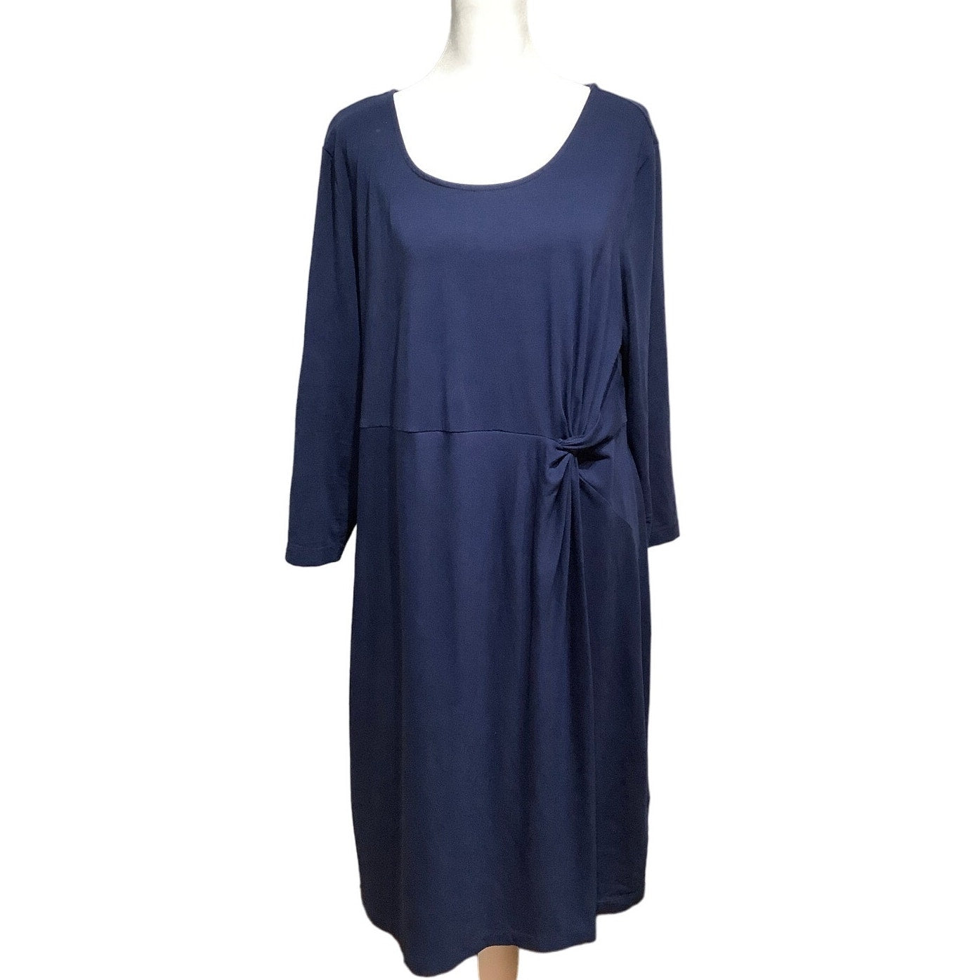 Land's End Women's L Navy Midi Dress Side Knot Pima Cotton Blend Scoop Neck Cozy