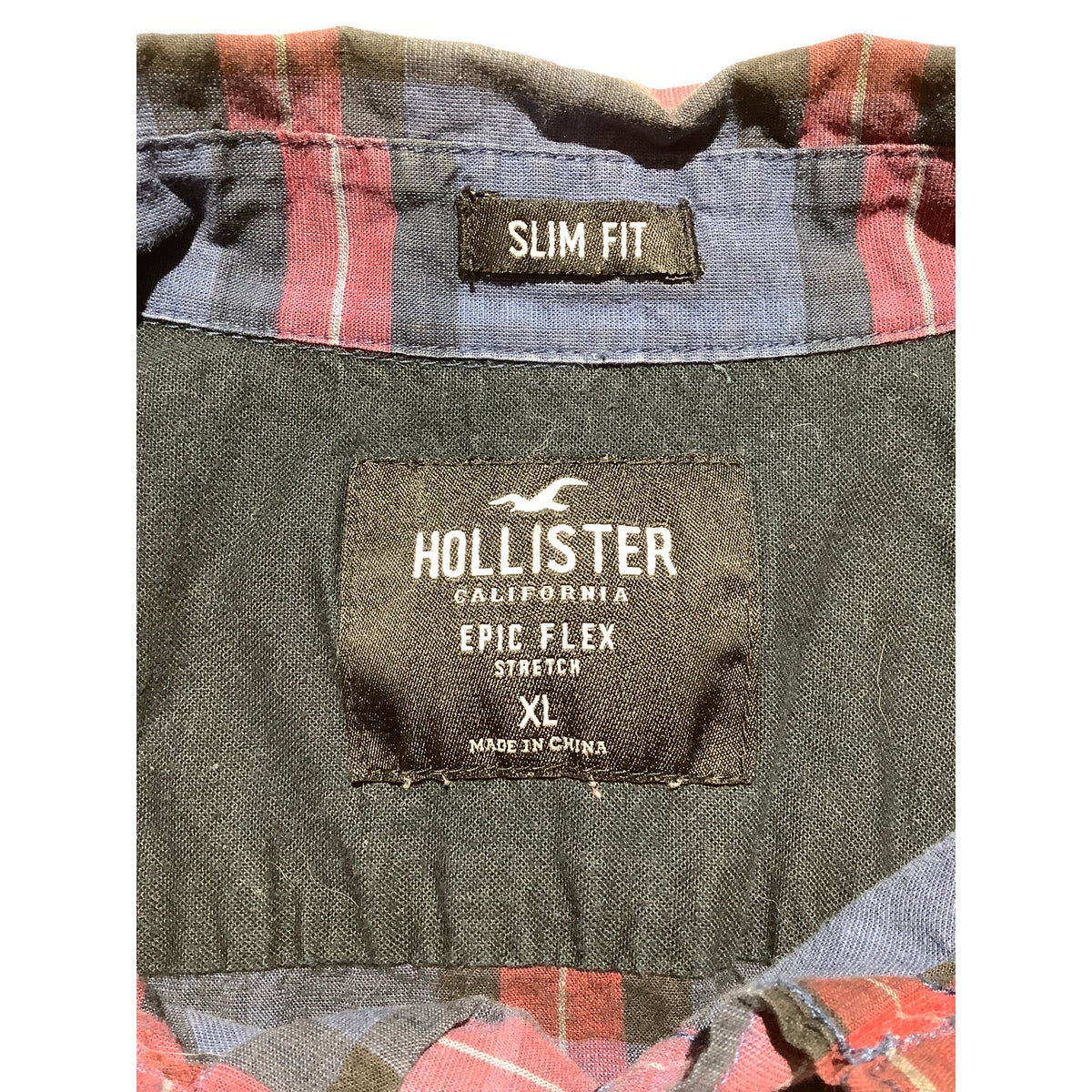 Hollister Men's XL Navy Red Plaid Epic Flex Stretch Slim Fit Shirt