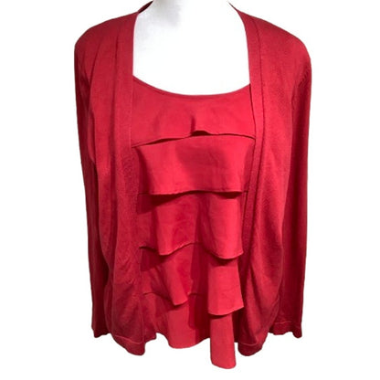 August Silk Red Cardigan with Built-In Ruffle Top Size M Elegant, Glamorous