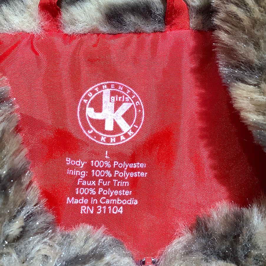 J Khaki Red Puffer Vest Girls Size Large — Faux Fur Collar, Full Zip, Cozy