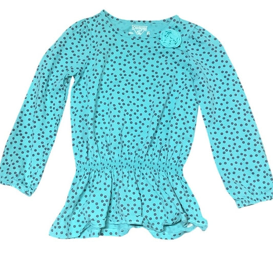 OshKosh Girls 6 Turquoise Black Polka Dot Babydoll Top 100% Cotton Long Sleeve