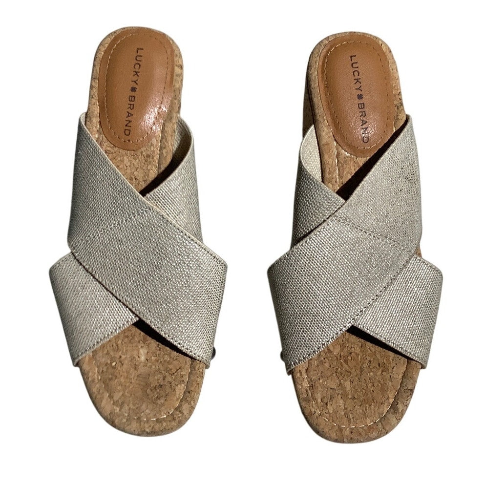 Lucky Brand Cross-Strap Cork Wedge Slides Women’s 8W — Boho, Coastal, Casual