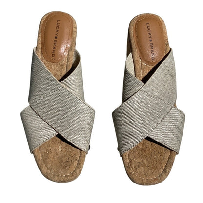 Lucky Brand Cross-Strap Cork Wedge Slides Women’s 8W — Boho, Coastal, Casual