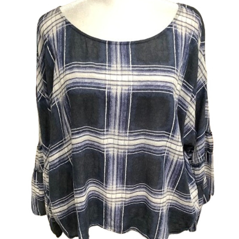 Vince Camuto Plaid Blue Black White Sheer Dolman Sleeve Top L Boho,Preppy, Comfy