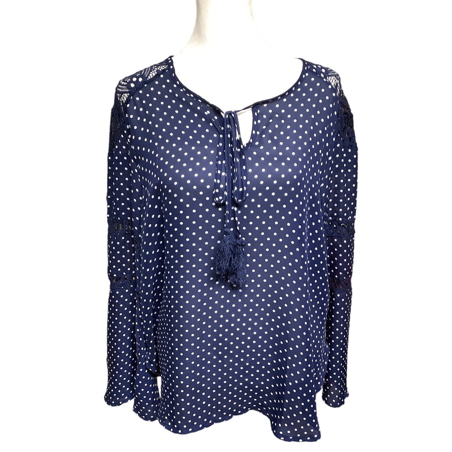 Haute Project Women's L Blouse Navy Blue Polka Dot Lace Peasant Boho Preppy