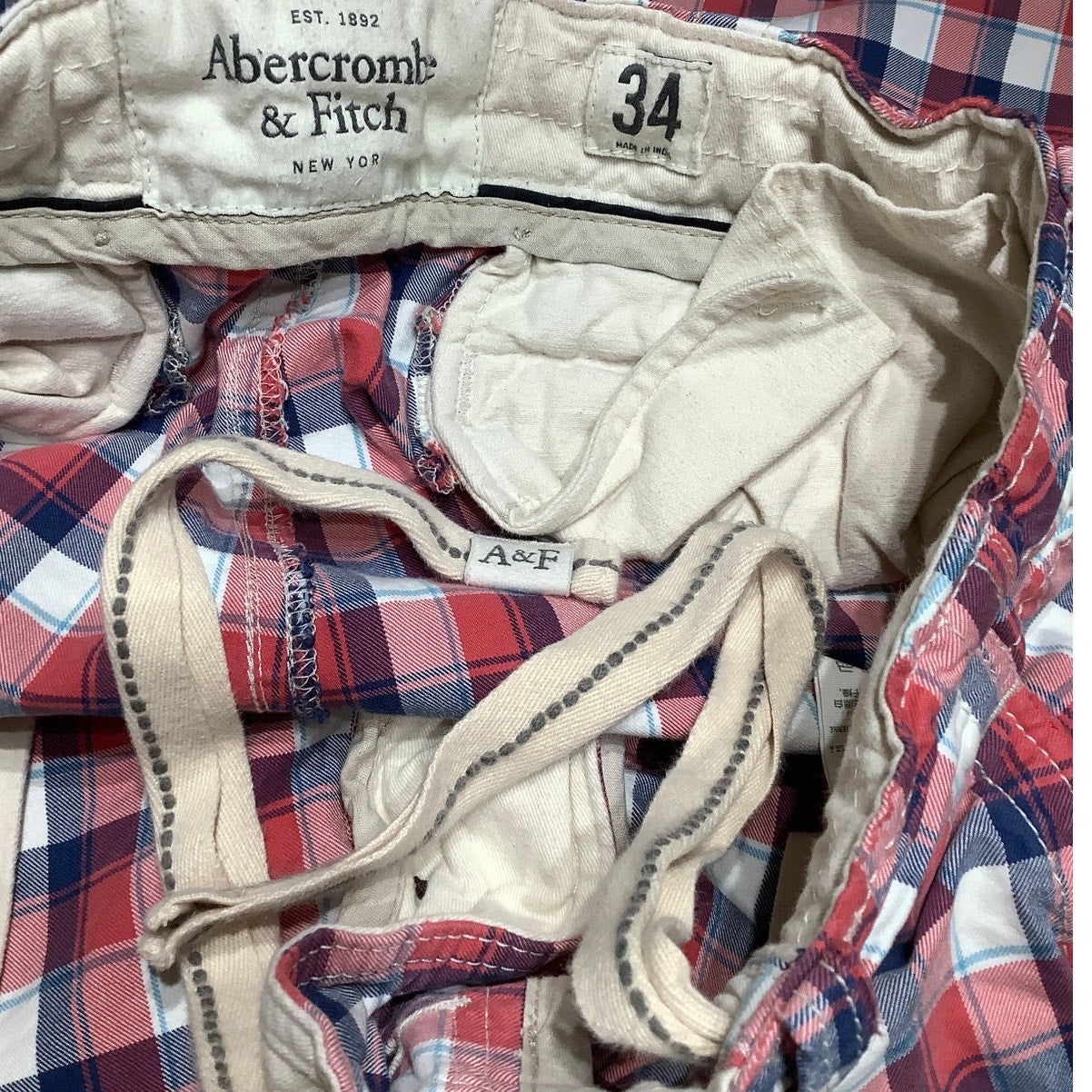 Abercrombie & Fitch Men's Red/White/Blue Plaid Shorts 34 Vintage Preppy Classic