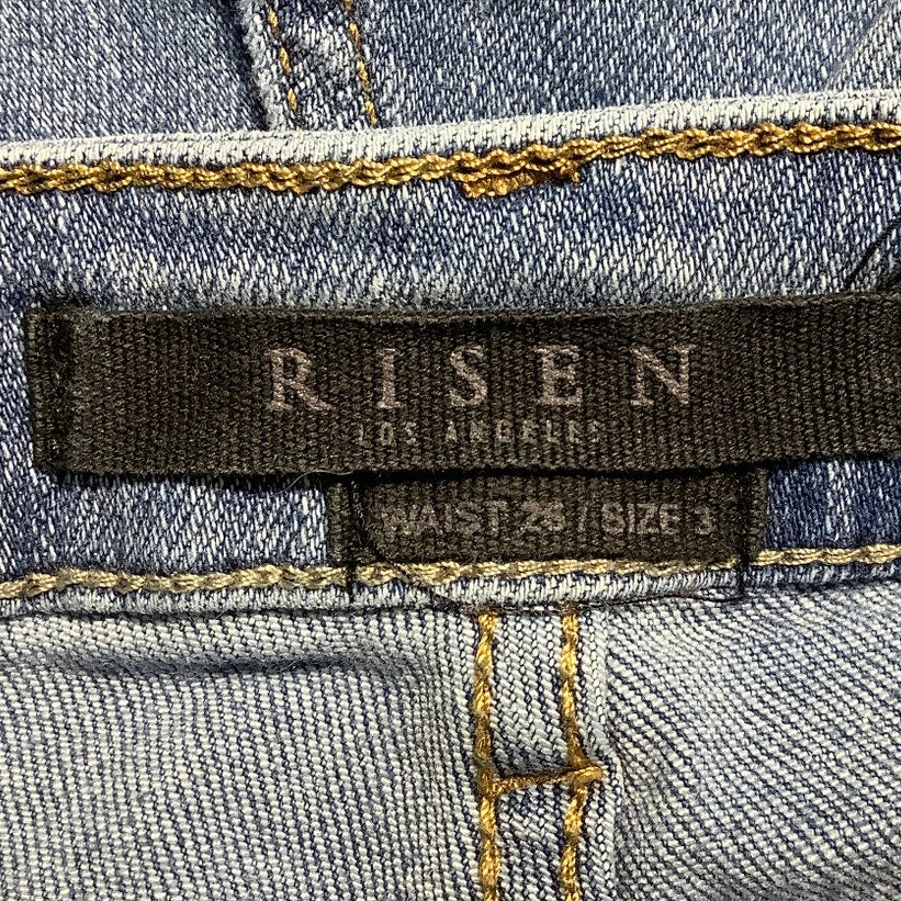 Risen Denim Blue Distressed Flare Jeans Women 26/3 — Boho, Frayed, Vintage Style