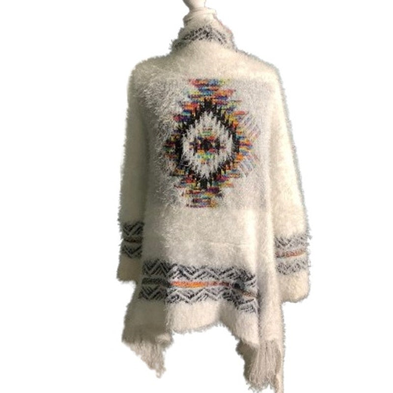 On Blue Aztec Print Open Front Cardigan Women’s Size S/M — Boho, Cozy, Statement