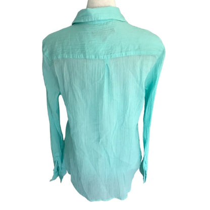 Banana Republic Sheer Crinkle Button-Up Shirt Cyan S- Boho, Lightweight, Casual