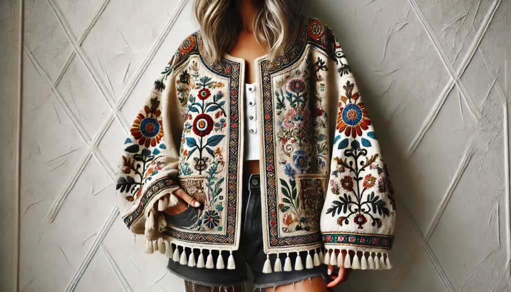 Woman wearing a vibrant, embroidered jacket with floral patterns and fringe detailing, paired with a white top and shorts.