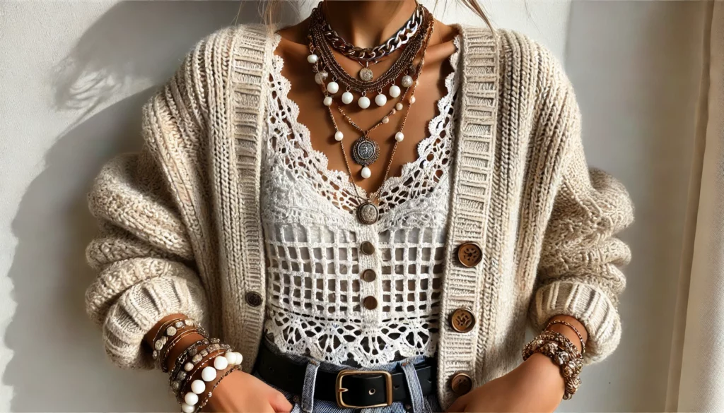 Woman wearing a cozy knitted cardigan, crochet top, layered necklaces, bracelets, and high-waisted jeans with a belt.