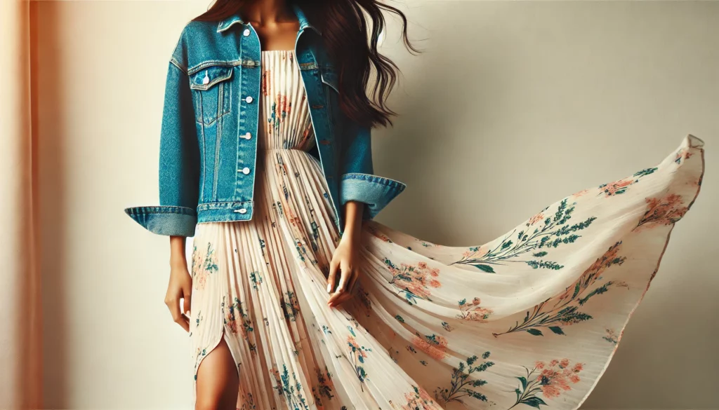 Fashionable woman in a floral flowing pleated dress paired with a stylish denim jacket, showcasing a chic and trendy look.