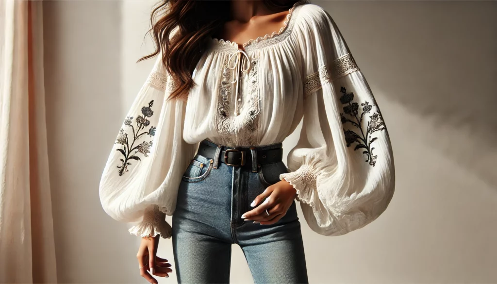 Woman wearing a boho embroidered blouse with puffed sleeves and belt, paired with high-waisted jeans in a bright room.