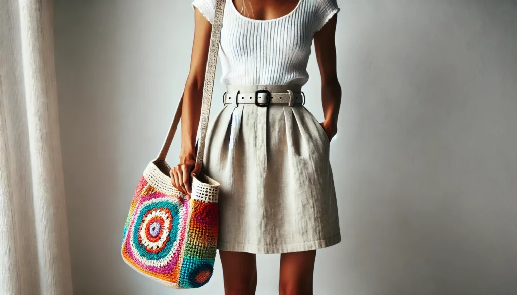 Woman in a white top and beige skirt with a belt, holding a colorful crochet bag, standing indoors. Fashionable summer look.