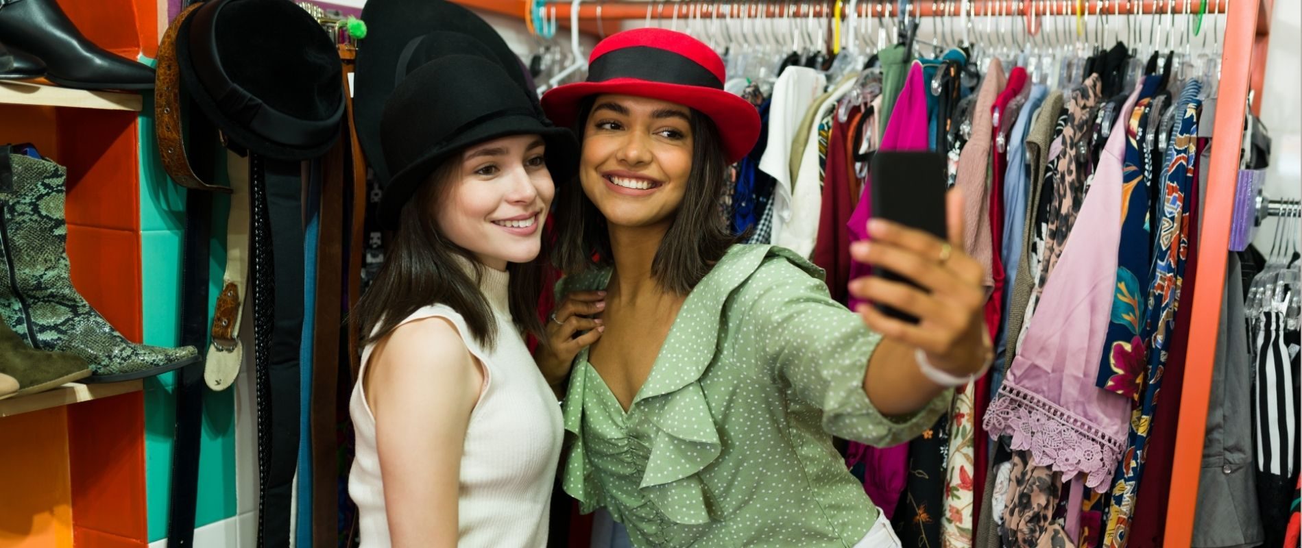 Two friends in trendy hats taking a selfie while shopping for clothes in a vibrant second-hand store.