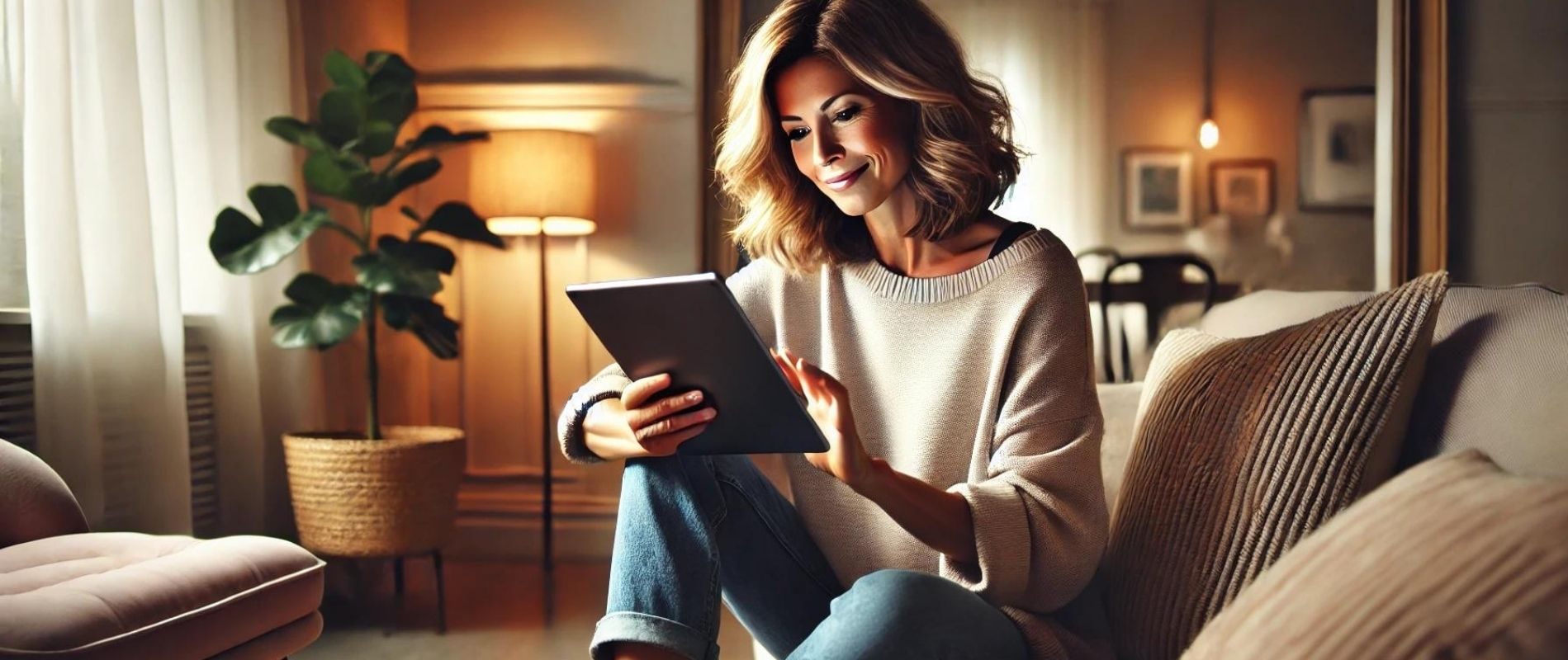 Woman in cozy sweater using a tablet on a comfy couch with soft lighting and decor, creating a relaxing home ambiance.